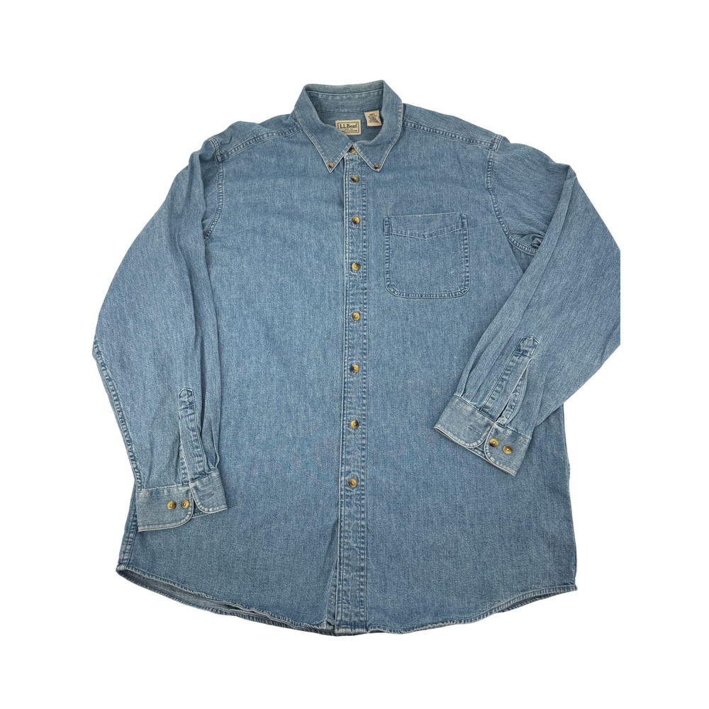 LL Bean Denim Button Down Shirt Mens L Tall Blue Long Sleeve Rugged 0XQ29